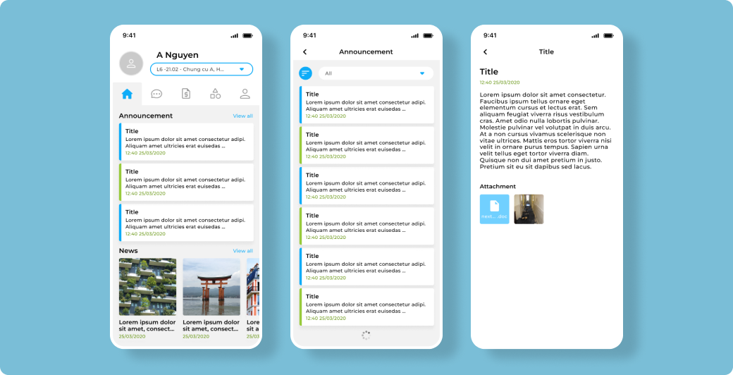 View home screen and annoucement screens
